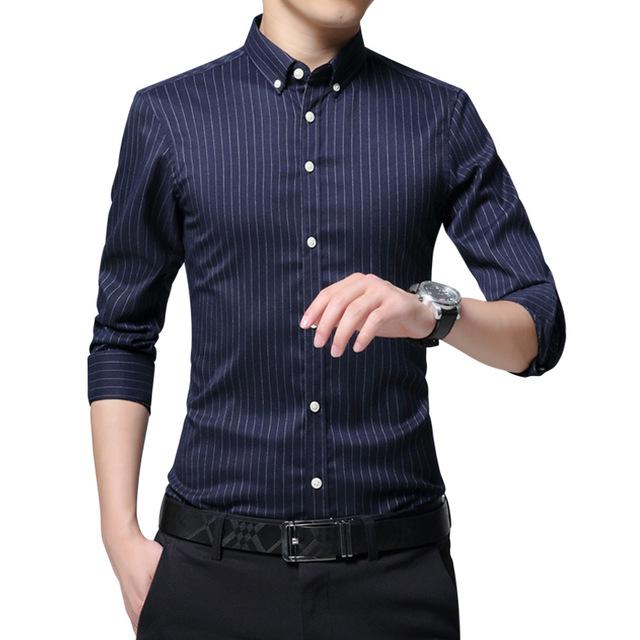 West Louis™ Business Men Striped Dress Shirt Dark blue / XS - West Louis